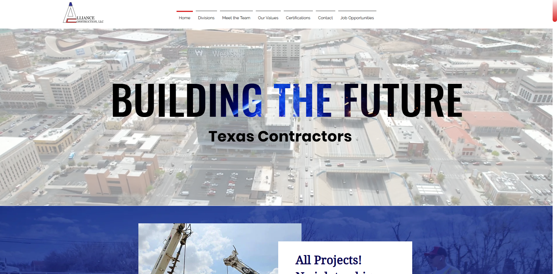 A screenshot of the Home Page of the Alliance Construction LLC website.